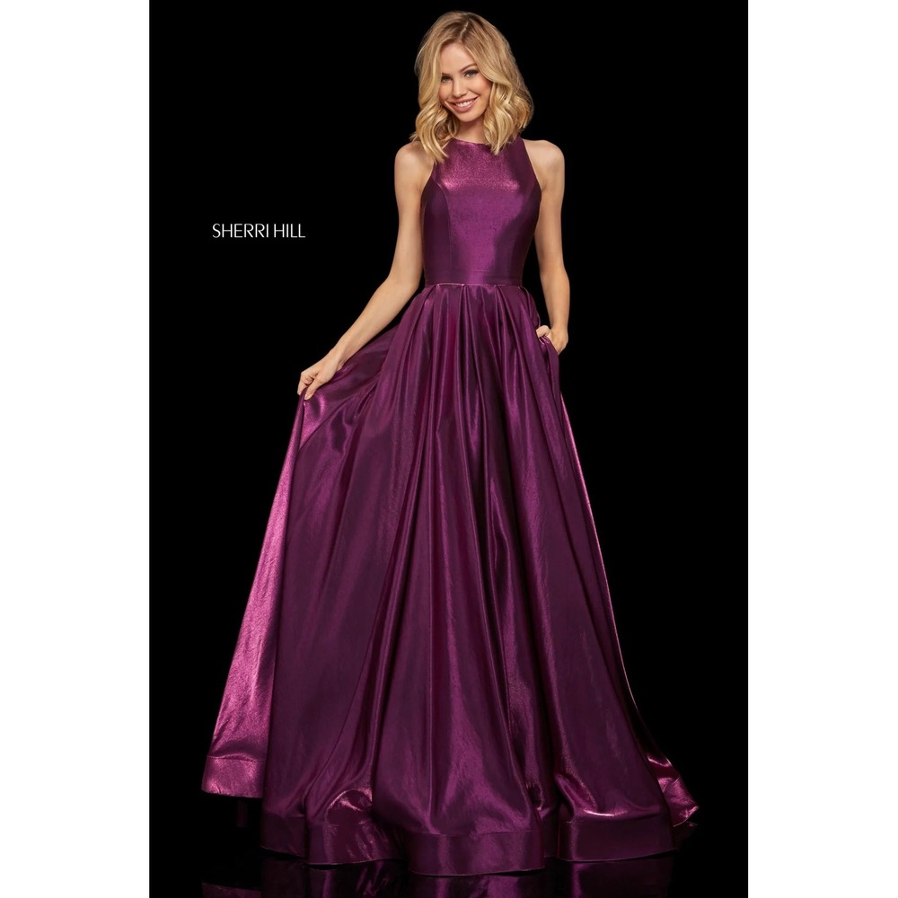 Sherri Hill 52958 Dark Purple Satin Shimmer Ball Gown Open Back Size 4 NWT